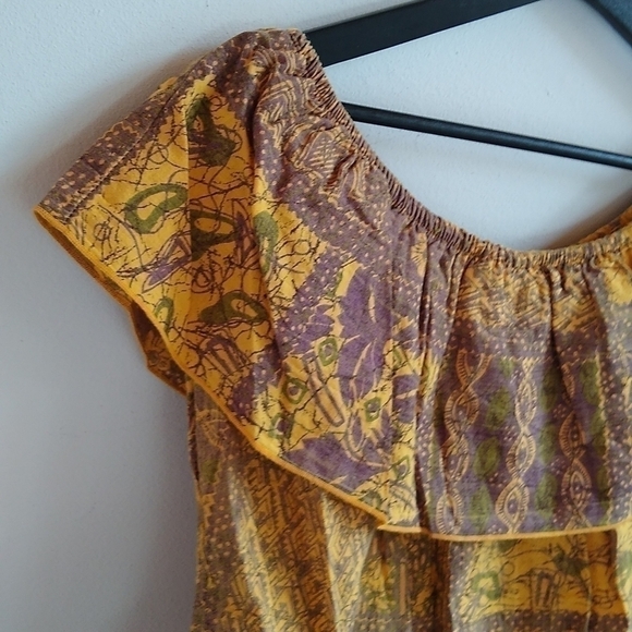 Vintage Ruffle Blouse Tribal Print 100% Cotton Off The Shoulder - Picture 4 of 7